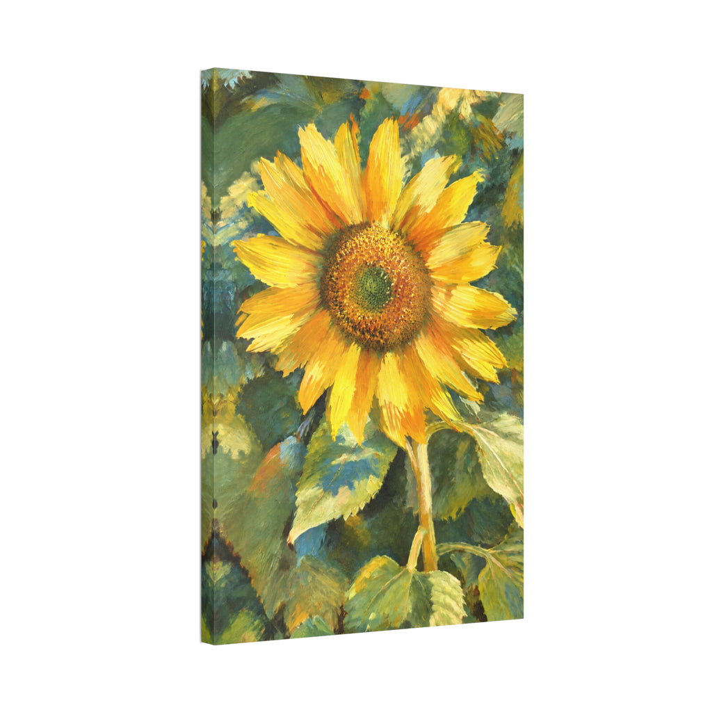 Angled view of the tall Sunward sunflower canvas showing the printed gallery-wrap edge.