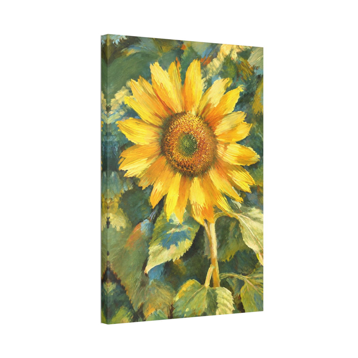 Angled view of the tall Sunward sunflower canvas showing the printed gallery-wrap edge.