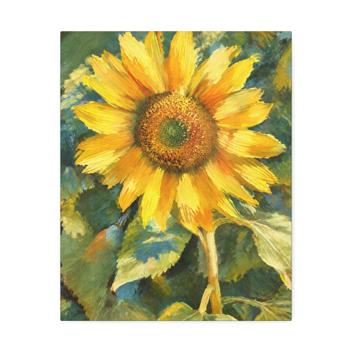 Wider front view of Sunward canvas featuring a golden sunflower with an orange and green center.
