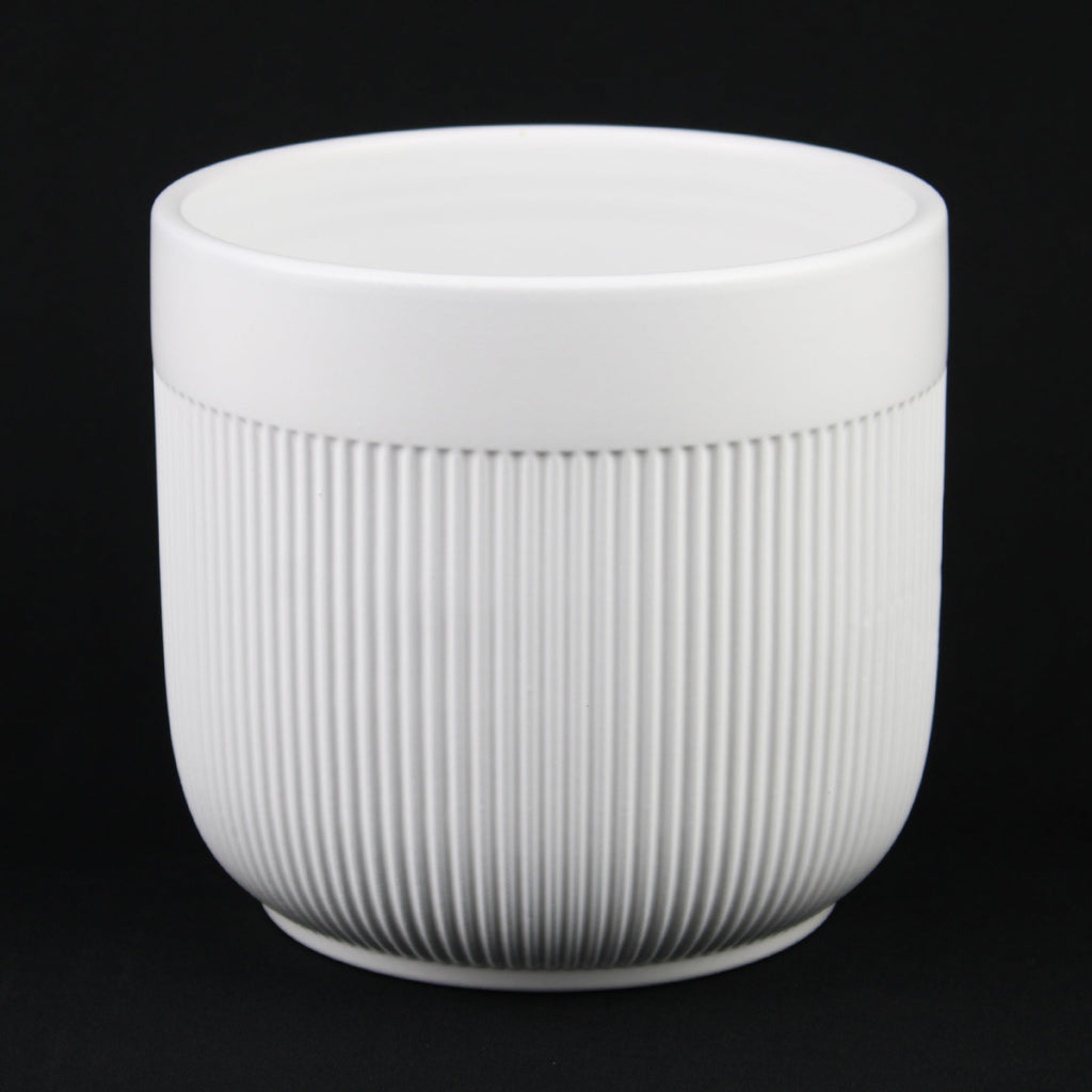 3-Piece White Stoneware Planter Pot Set with Vertical Line Texture