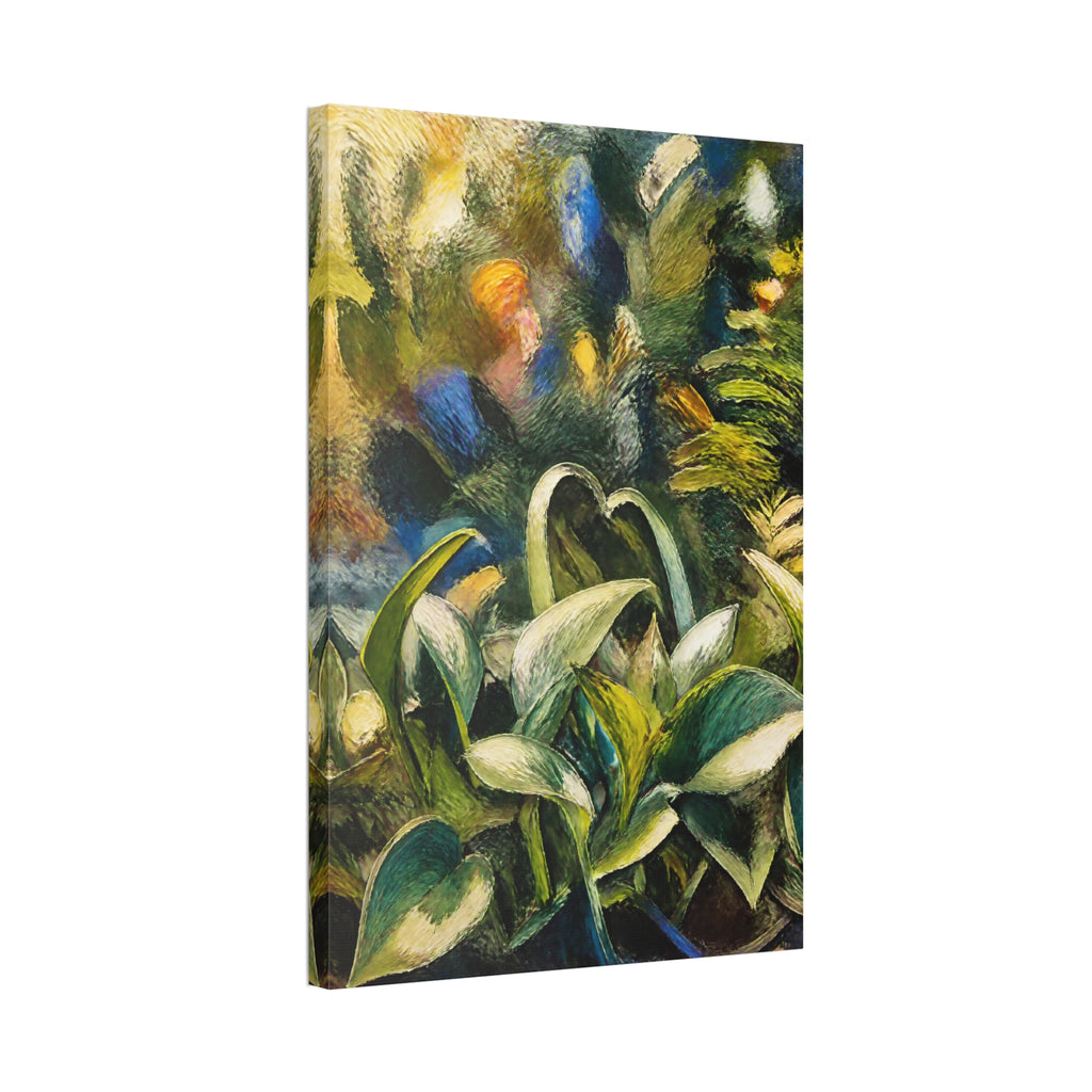 Angled view of the tall Tangled Leaves canvas with green foliage and a printed gallery-wrap edge.