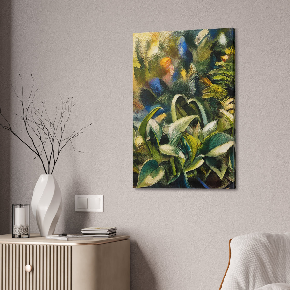 Tangled Leaves botanical canvas above a fluted wood cabinet beside a white vase and an upholstered chair.