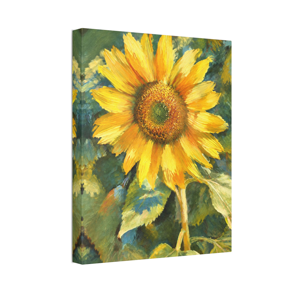Angled view of the wider Sunward sunflower canvas with artwork extending around the left edge.
