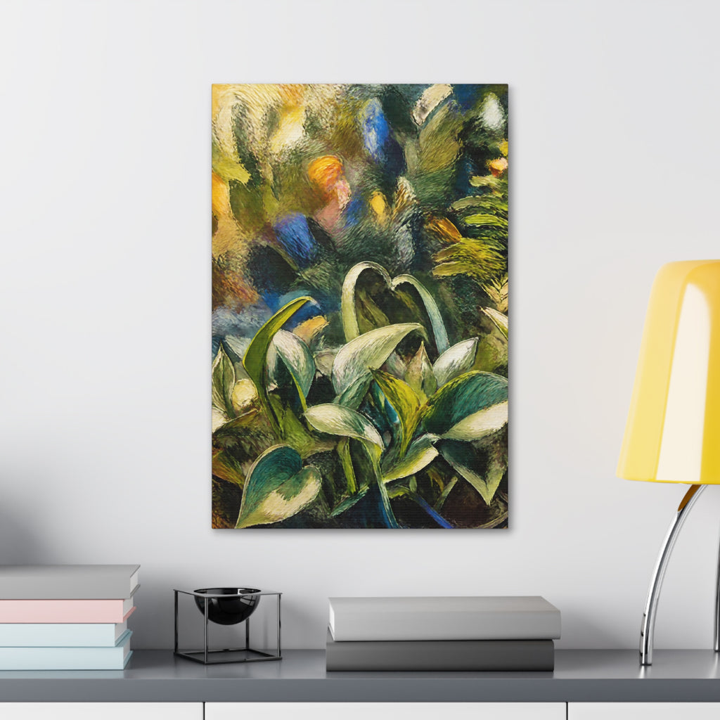 Tangled Leaves canvas above a gray cabinet with stacked books and a yellow table lamp.