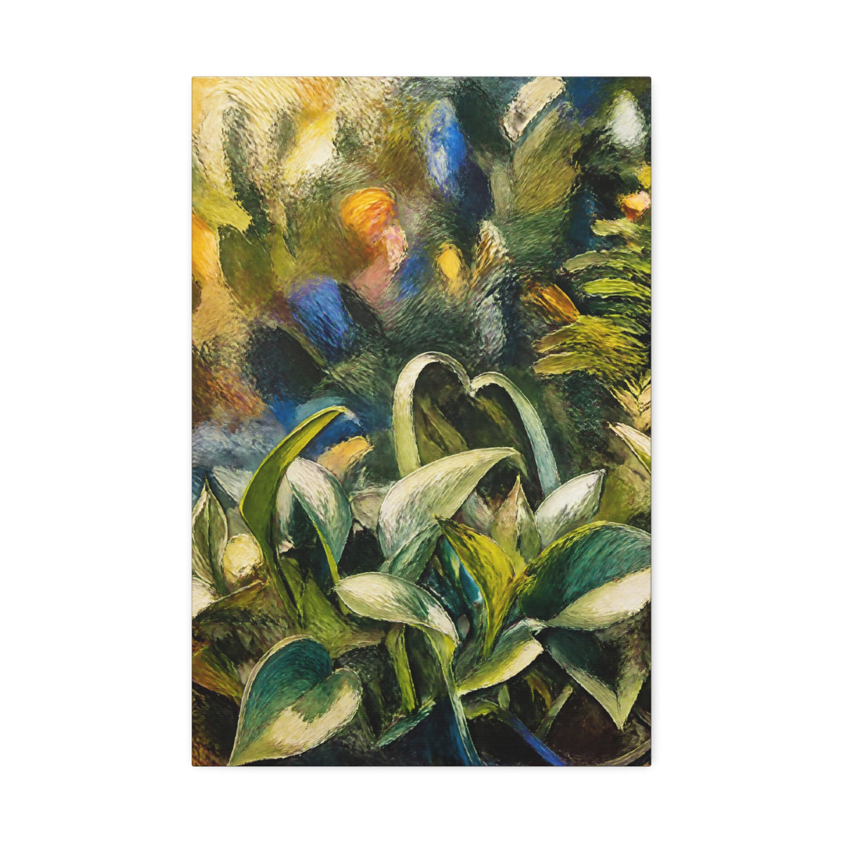 Front view of Tangled Leaves botanical canvas with painterly green and cream foliage and blue and gold accents.”