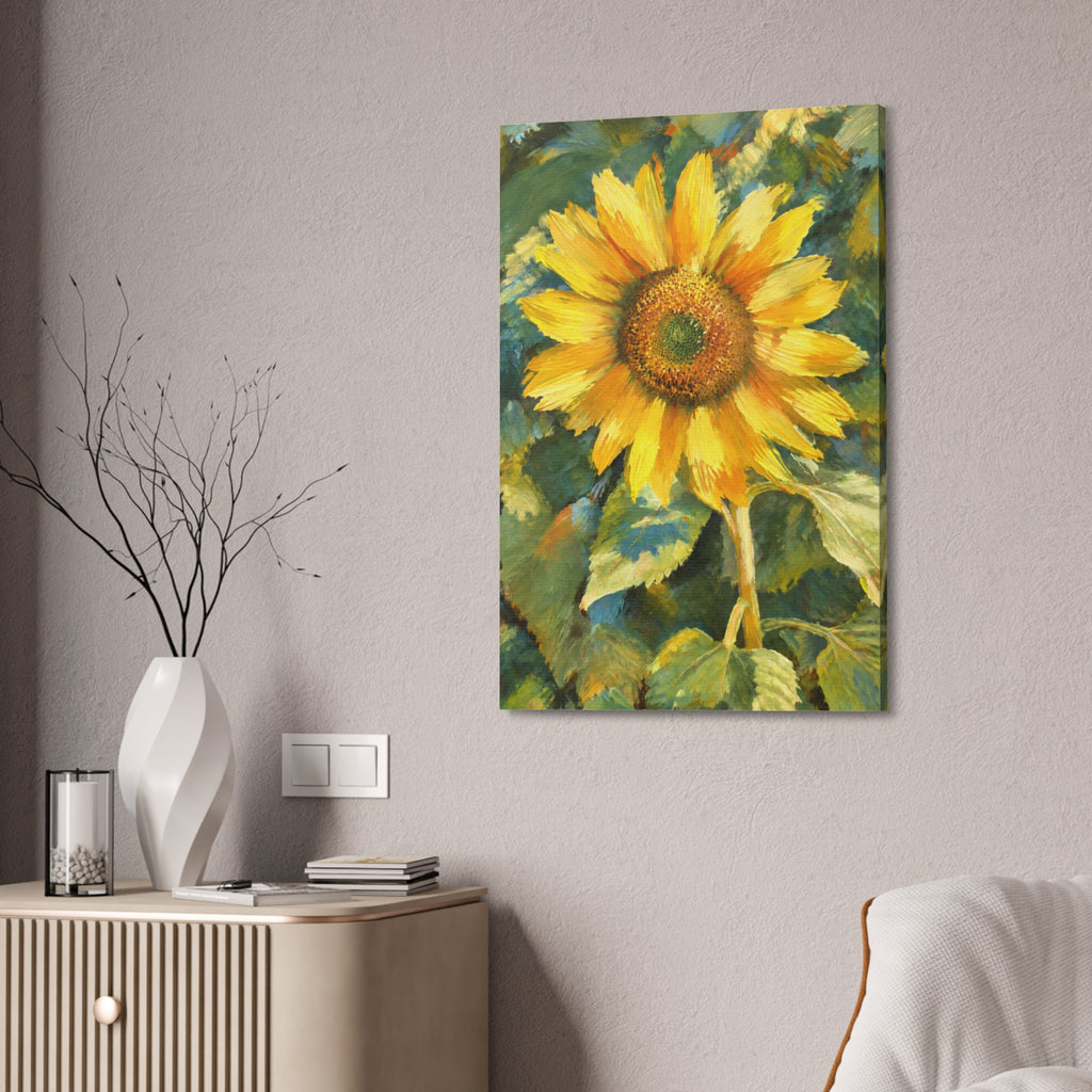  Tall Sunward sunflower canvas on a textured wall above a fluted wood cabinet beside a white vase of branches.