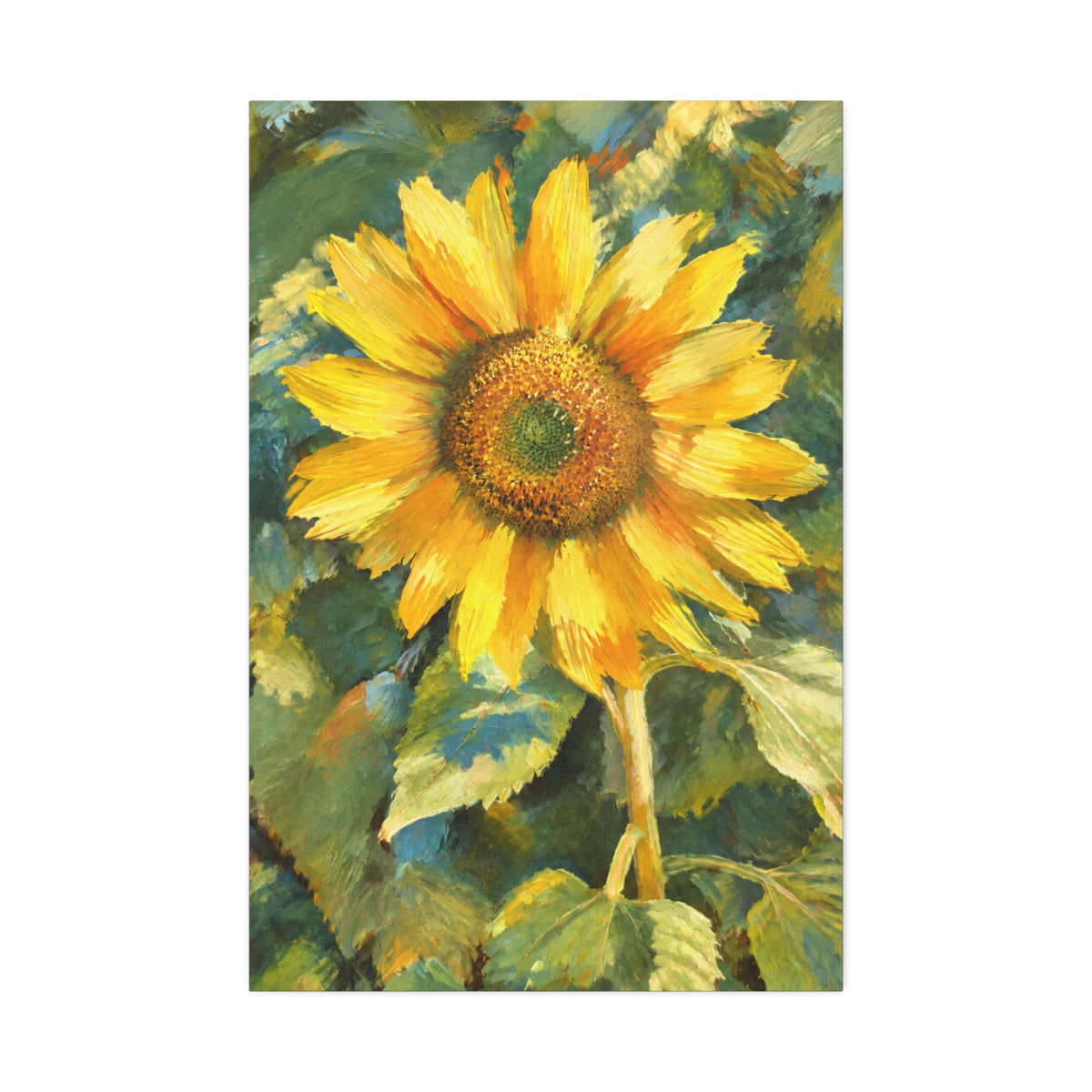 Front view of Sunward sunflower canvas with golden yellow petals against painterly green foliage.