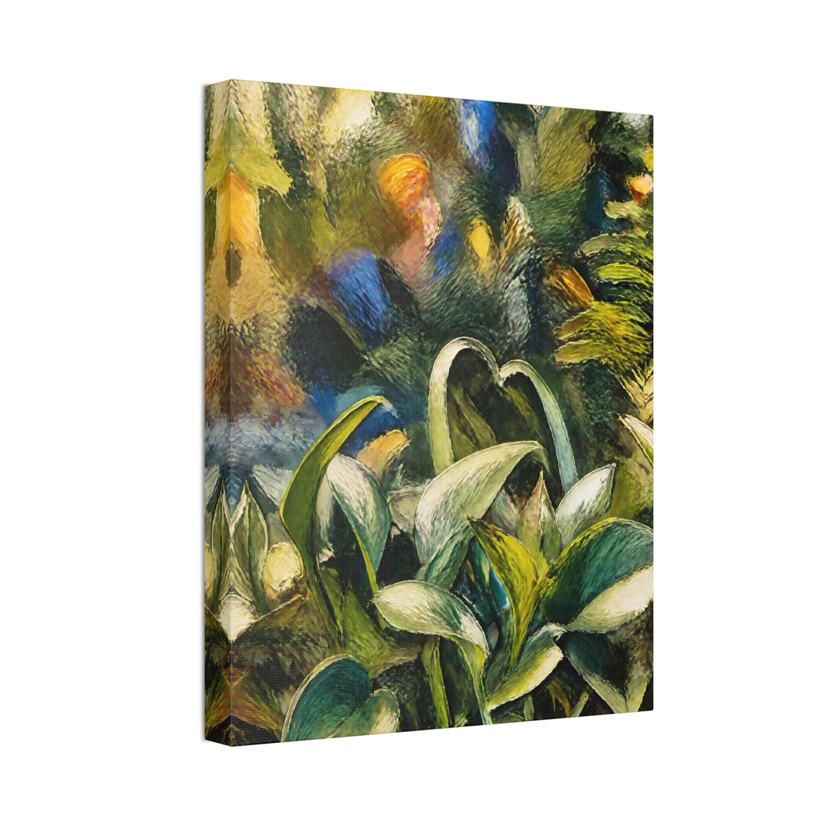 Angled view of the wider Tangled Leaves canvas showing green and cream foliage across the front and wrapped edge.