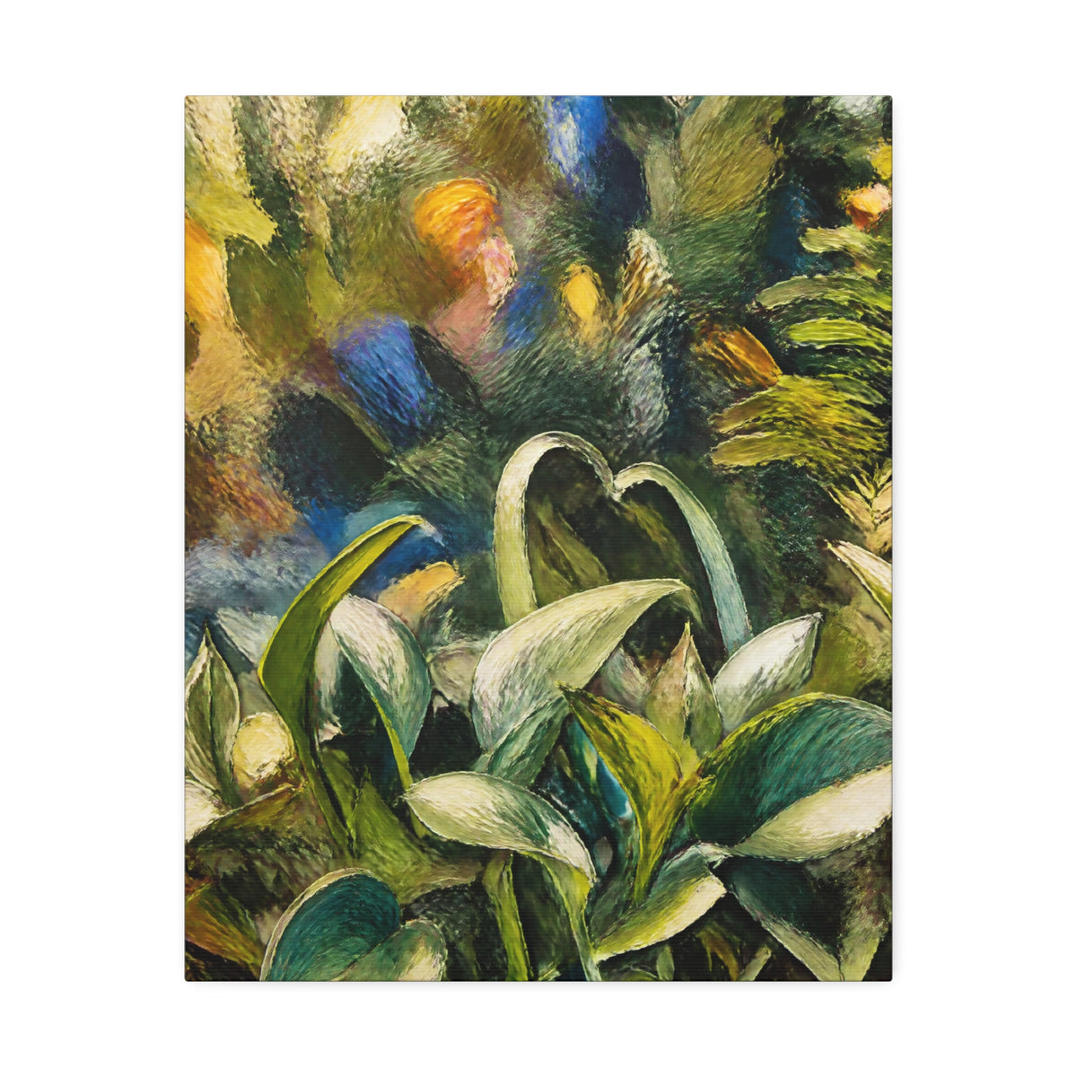 Front view of the wider Tangled Leaves botanical canvas with overlapping green and cream leaves.
