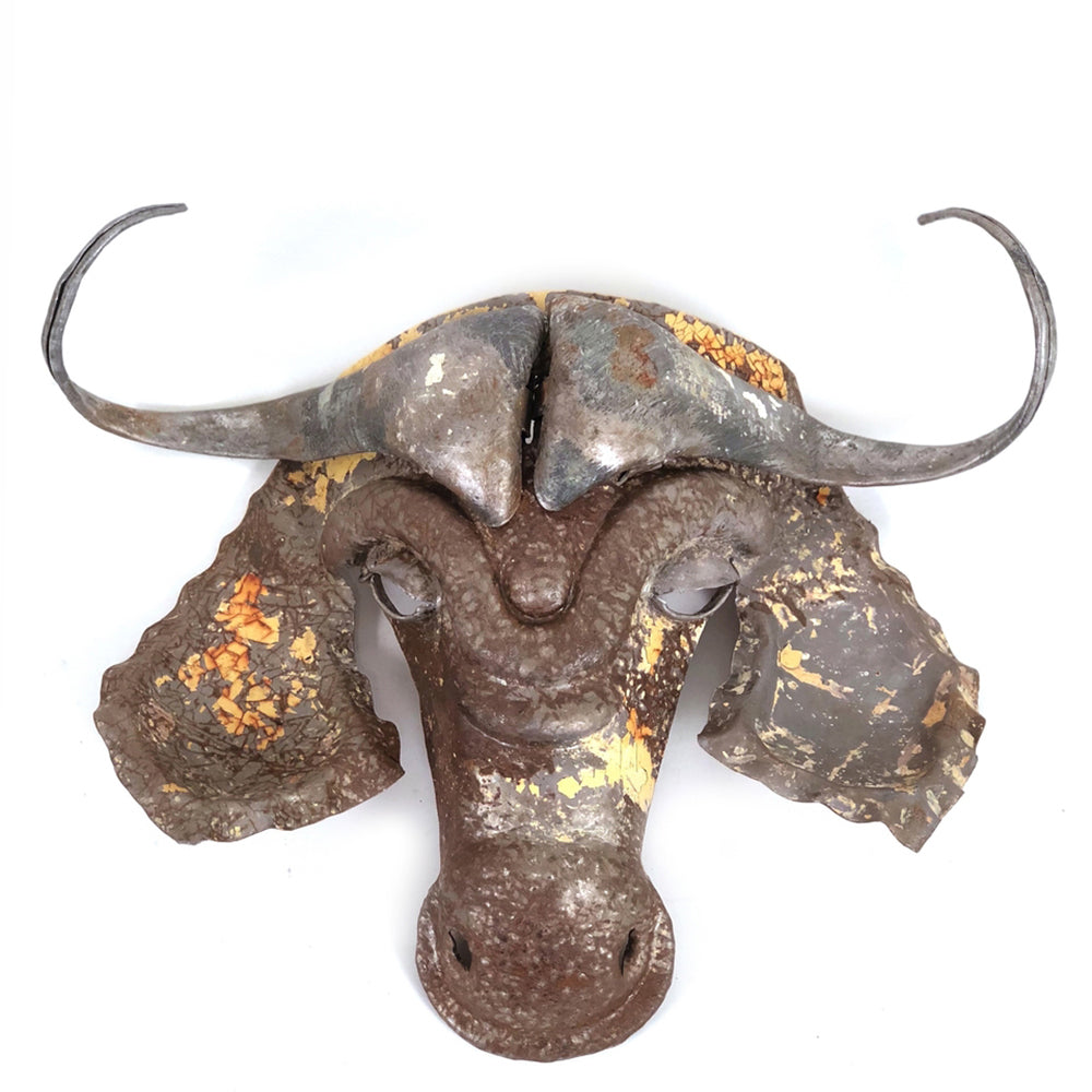 Cape Buffalo Recycled Tin Wall Sculpture; Handcrafted African Mask Wall Art