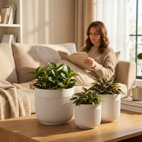 3-Piece White Stoneware Planter Pot Set with Vertical Line Texture
