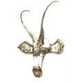 A rustic metal sable head wall mount with textured, distressed silver and white paint, featuring long curved horns and small side ears, shown against a plain white background.