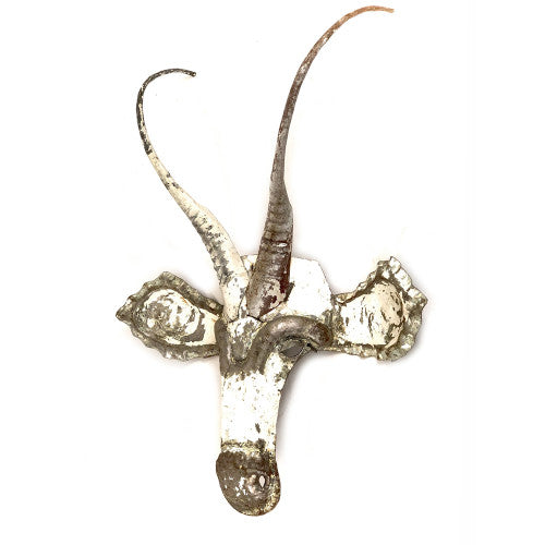 A rustic metal sable head wall mount with textured, distressed silver and white paint, featuring long curved horns and small side ears, shown against a plain white background.