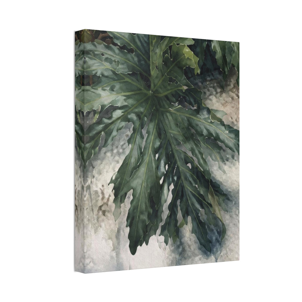 Angled view of A Little Wild botanical canvas with deep green leaves on a cream background and artwork wrapping the edge.