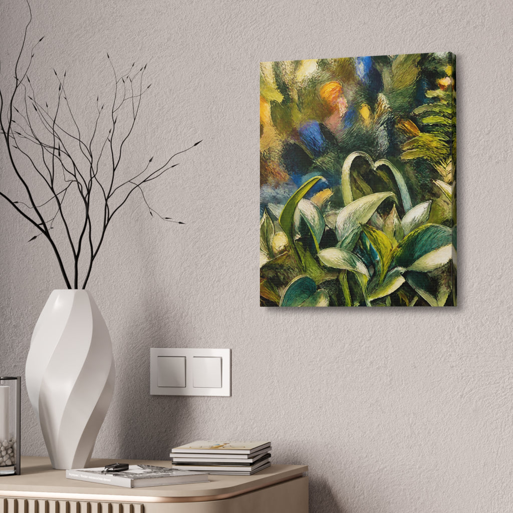 Wider Tangled Leaves botanical canvas on a textured wall beside a white branch-filled vase and wood cabinet.