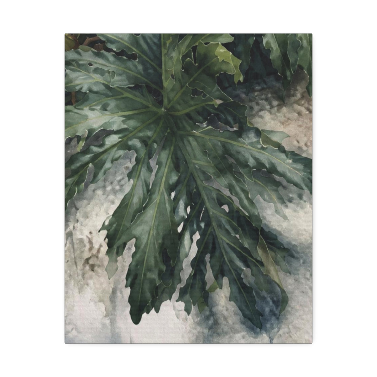 Front view of A Little Wild botanical canvas featuring painterly deep green leaves against a soft cream background.