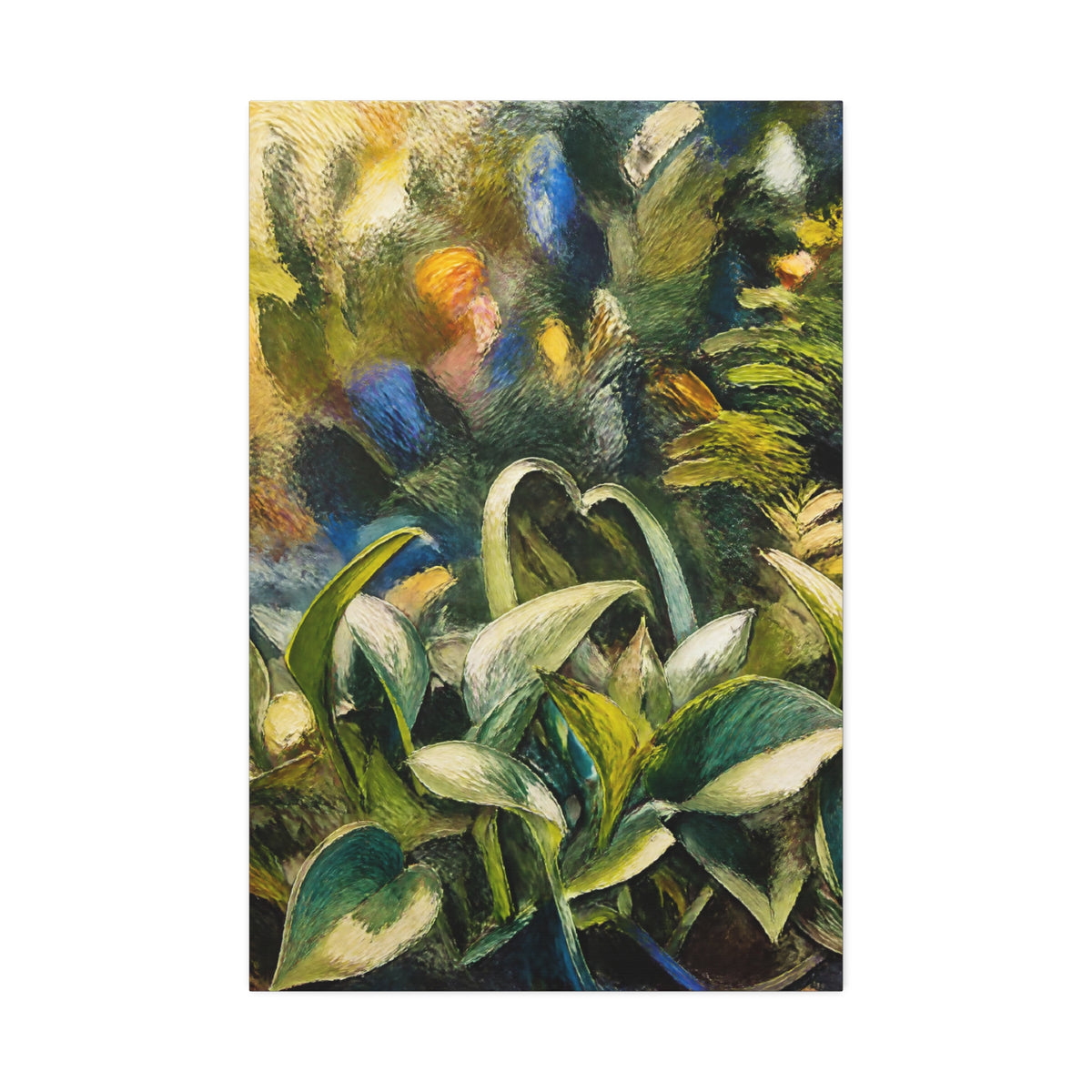 Vertical Tangled Leaves canvas print showing layered green leaves, cream highlights, and blue and gold brushwork.