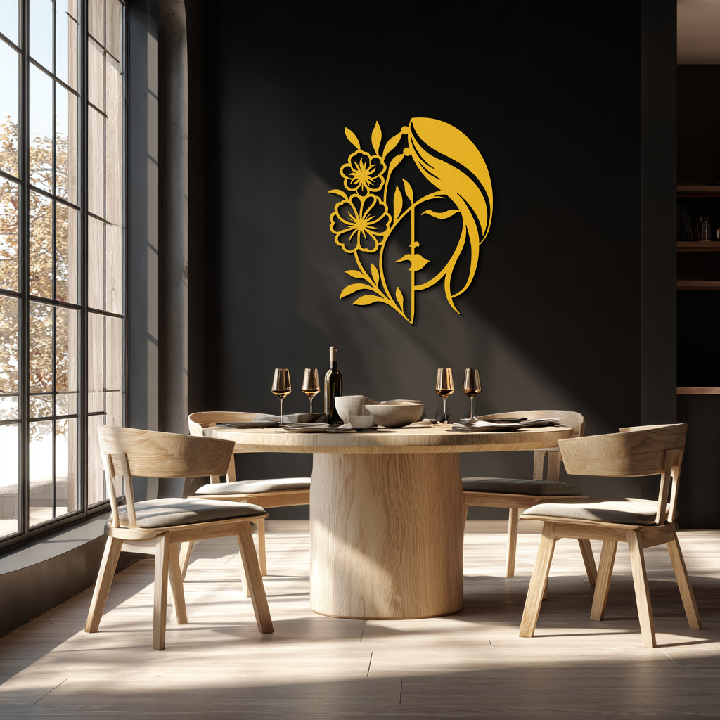 Botanical Woman Silhouette Metal Wall Art – Matte Black Floral Home Decor
