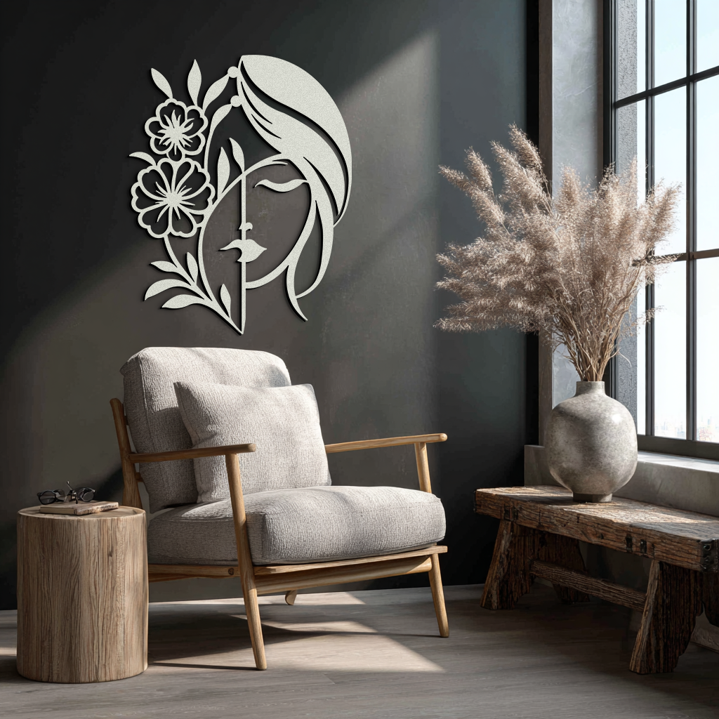 Botanical Woman Silhouette Metal Wall Art – Matte Black Floral Home Decor