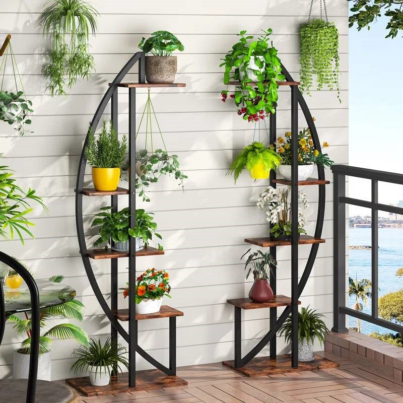Set of 2 - Symmetrical Modern Metal Wood 10-Shelf Plant Stand-0