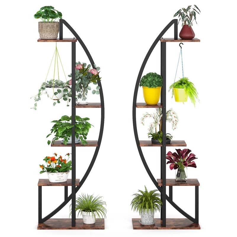 Set of 2 - Symmetrical Modern Metal Wood 10-Shelf Plant Stand-1
