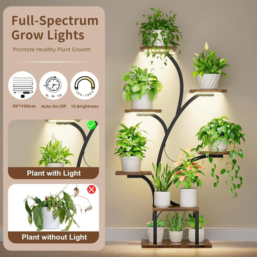 Infographic showing full-spectrum grow light features — auto timer, 10 brightness levels, and healthy vs. unhealthy plant comparison