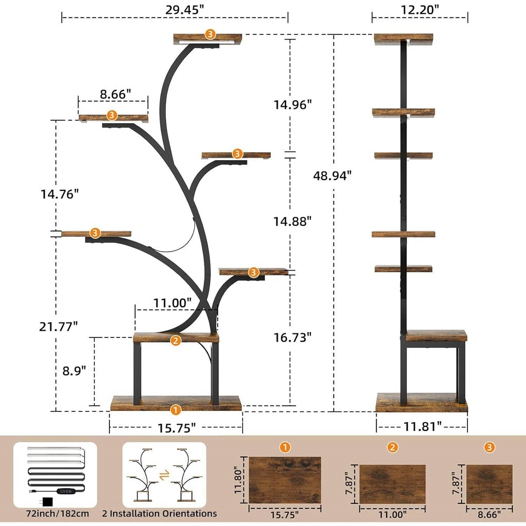 Dimensions diagram for 7-tier tree plant stand showing 48.94" height, 29.45" width, and two installation orientations