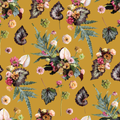The Little Branch Wallpaper pattern tile in mustard — scattered botanical collage of anthuriums, begonia leaves, ferns, ranunculus, and mixed florals on a warm golden ground by Samantha Santana