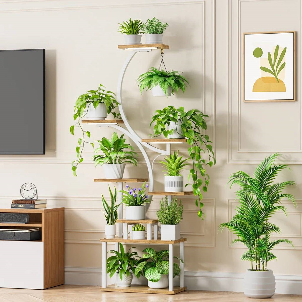 Indoor Plant Stand with White Metal Frame and Wood Finish Shelves
