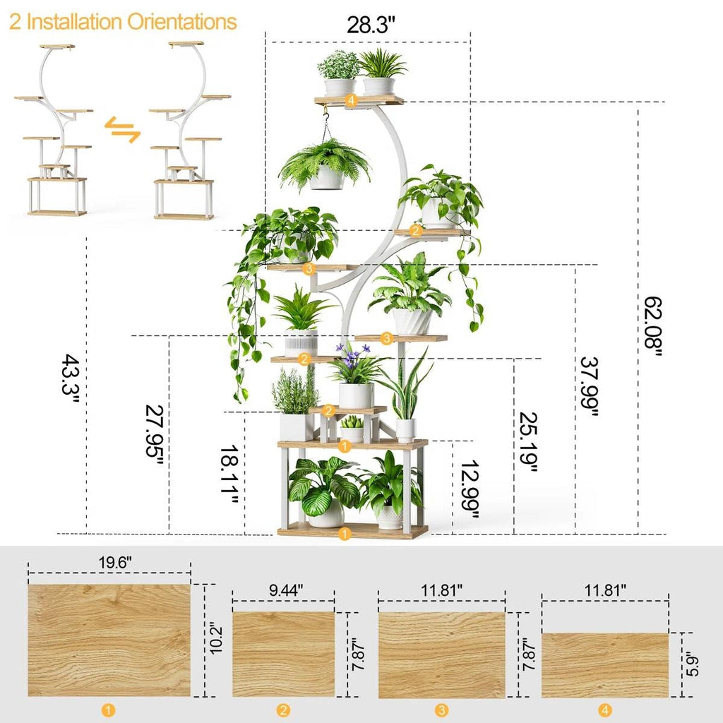 Indoor Plant Stand with White Metal Frame and Wood Finish Shelves
