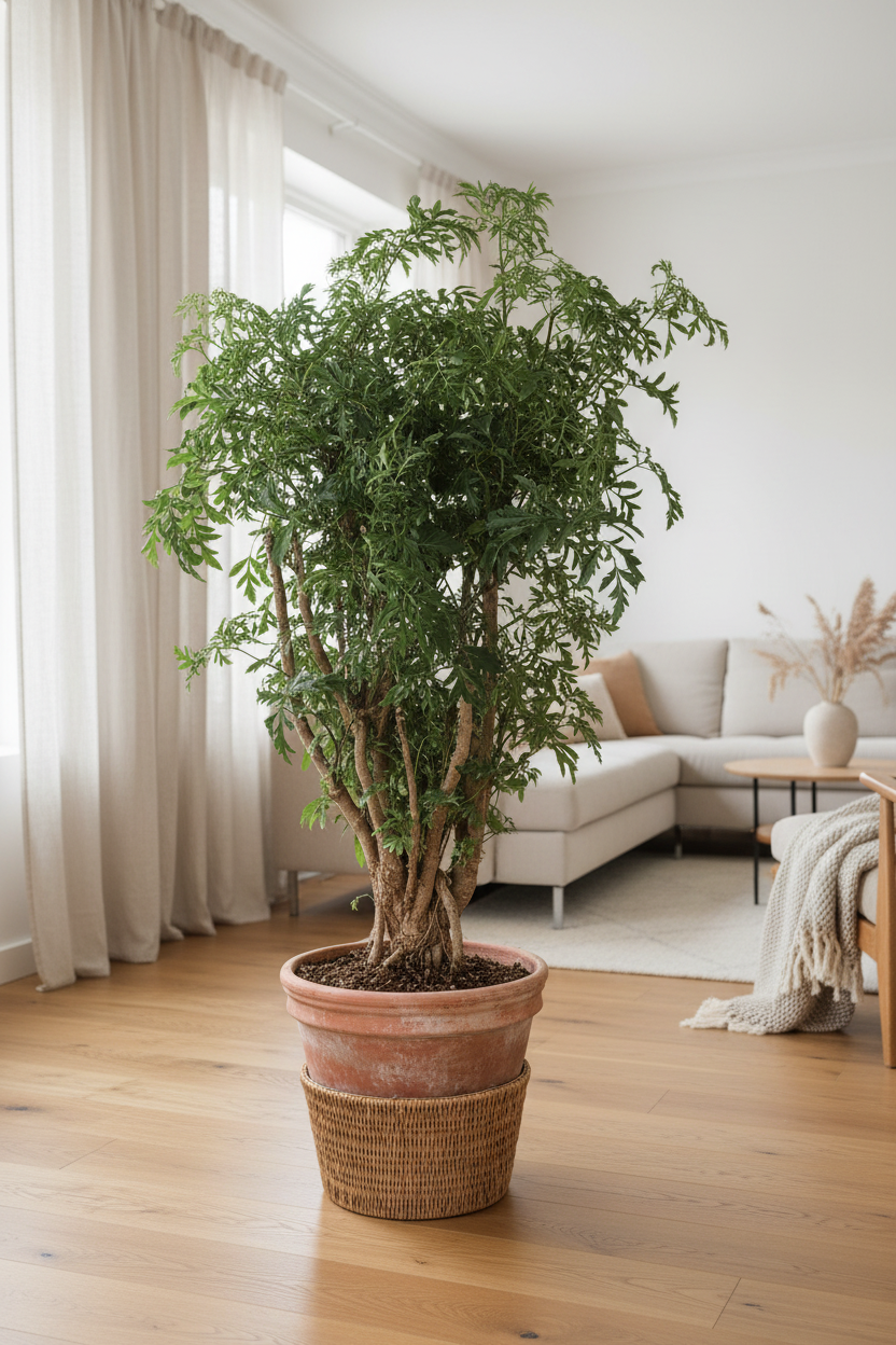 Aralia Ming Stump indoor tree with sculptural gnarled trunk and delicate feathery green canopy in a terracotta pot styled on a warm oak floor in a bright Scandinavian-inspired living room