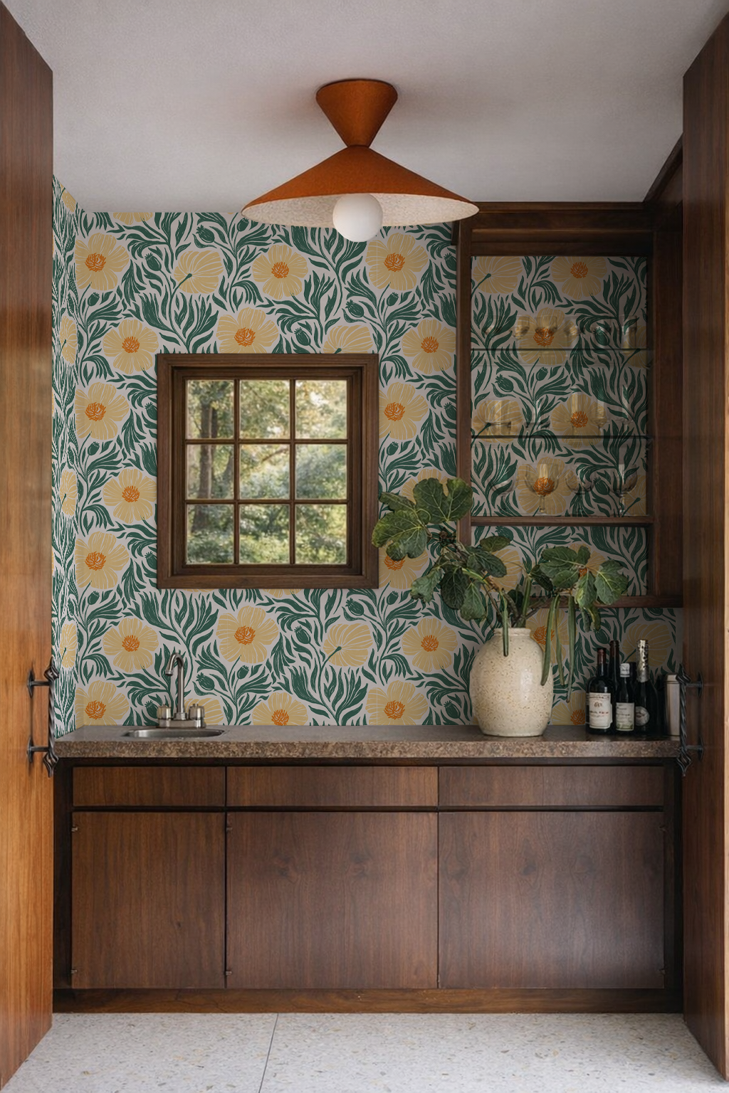 Matilija Wallpaper, white, teal and peach