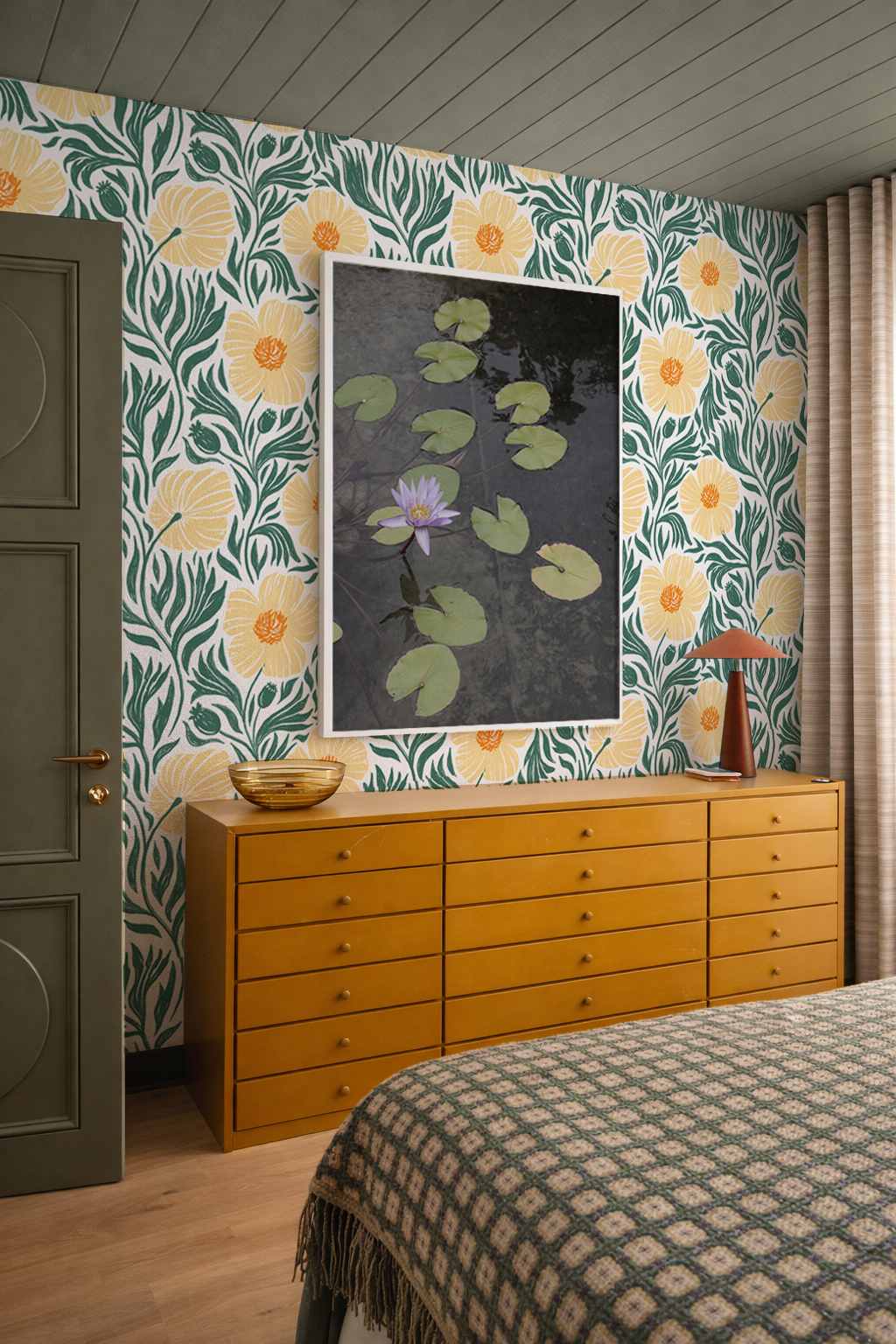 Matilija Wallpaper, white, teal and peach