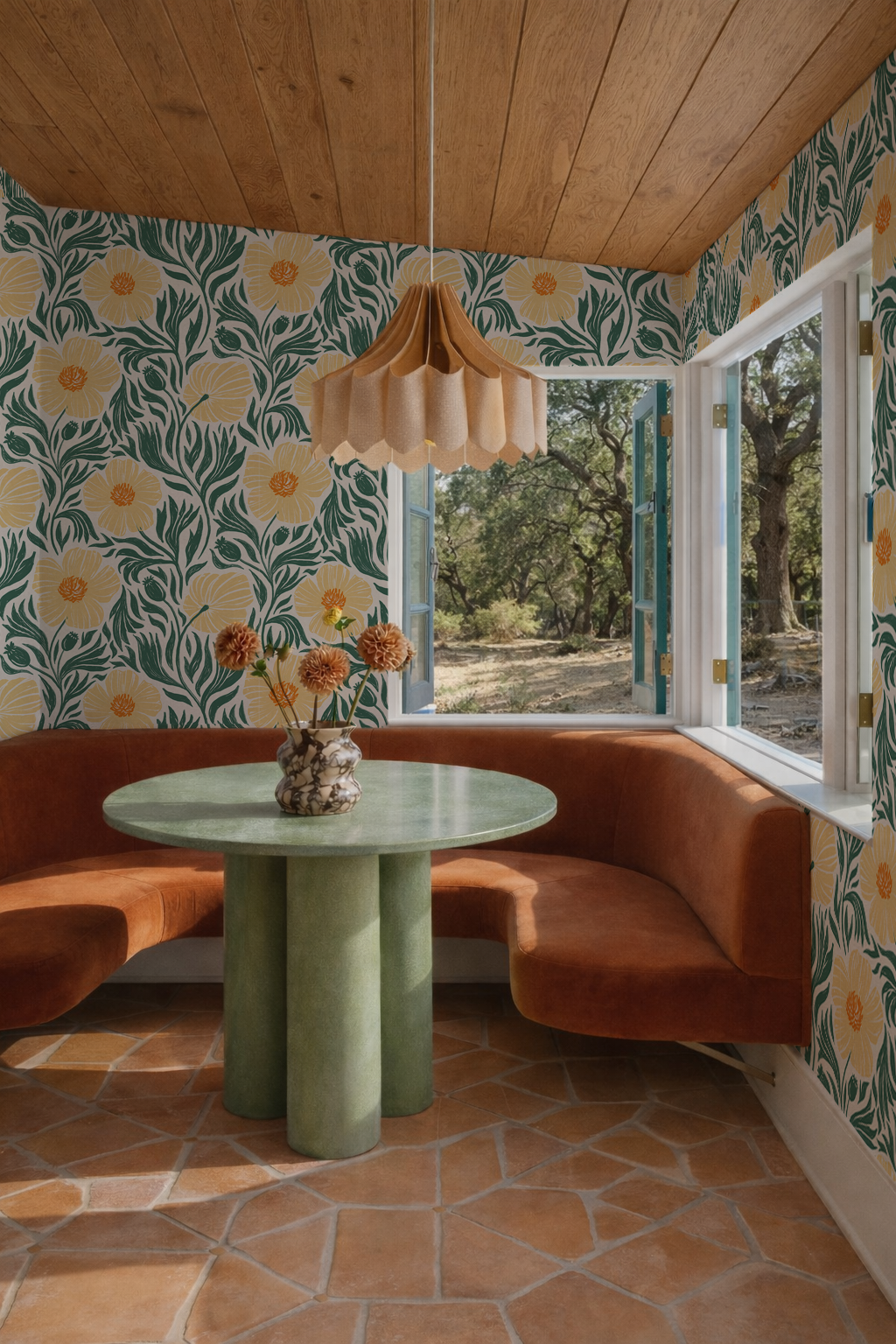 Matilija Wallpaper, white, teal and peach