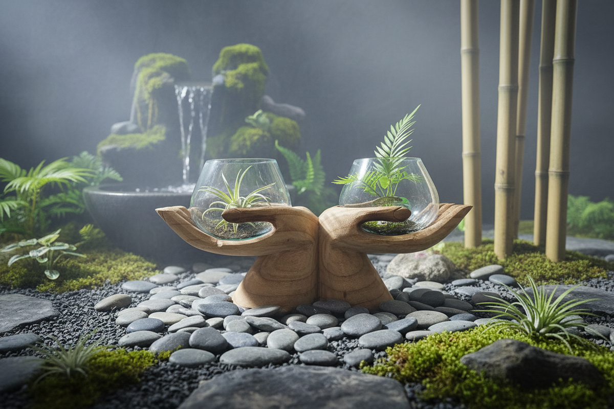 Decorative garden scene with wooden sculpture, glass containers, and plants.