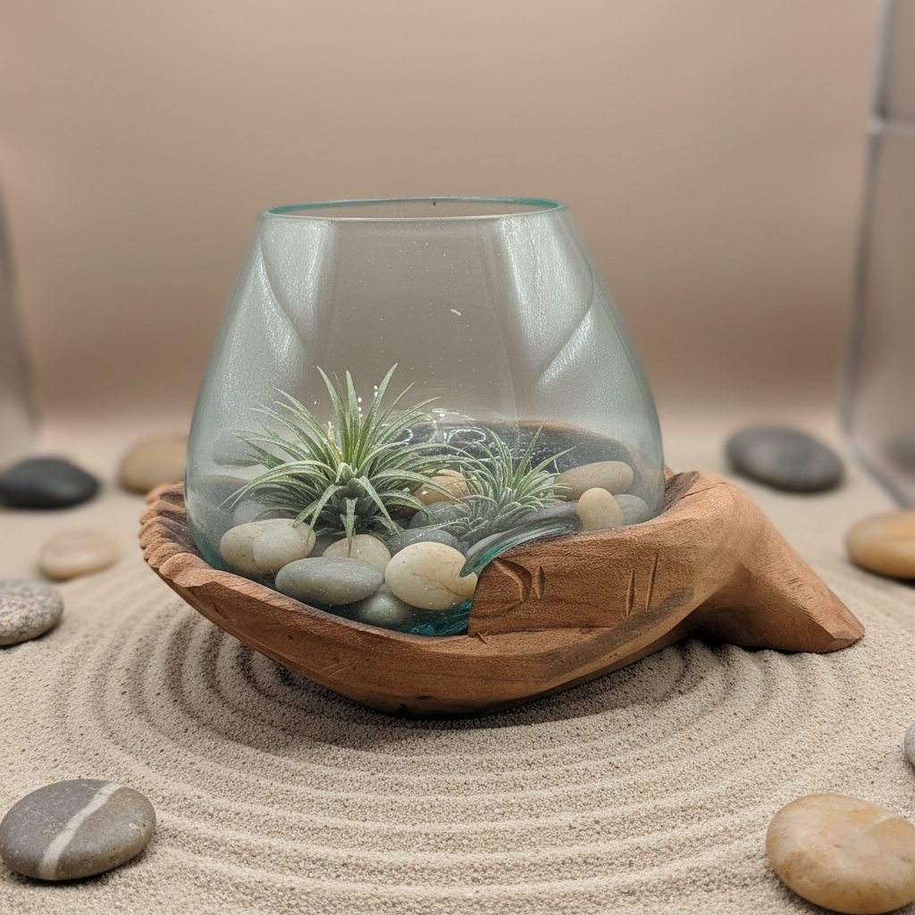 Terrarium with plants in a wooden bowl on sand