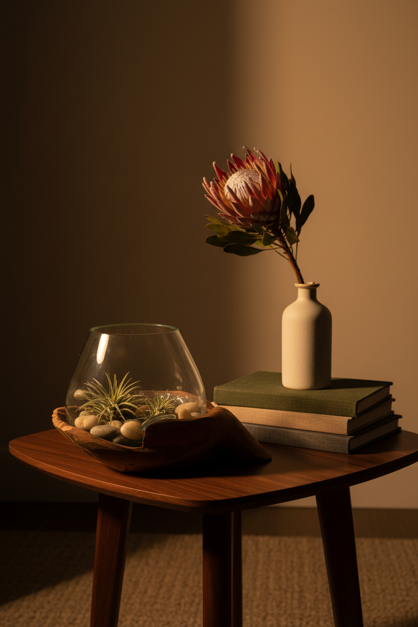 Carved wooden hands terrarium with hand-blown glass globe and air plants styled on a dark walnut table with linen books and dried protea — sculptural botanical gift