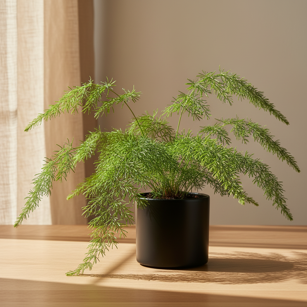 Fern Sprengeri — delicate feathery fronds cascading outward, styled in a bright sun-drenched interior