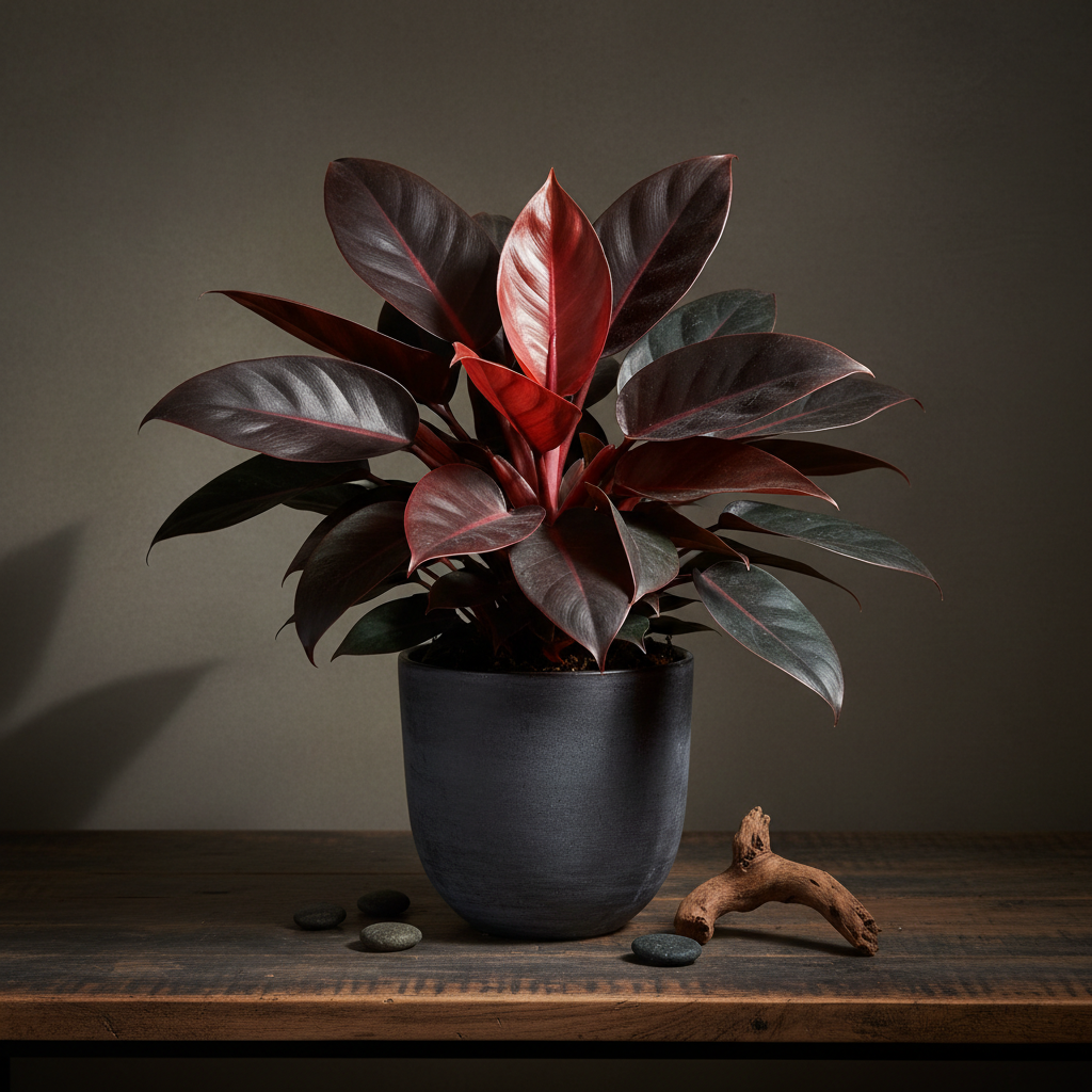 Philodendron Sun Red with burgundy red leaves in a dark ceramic pot