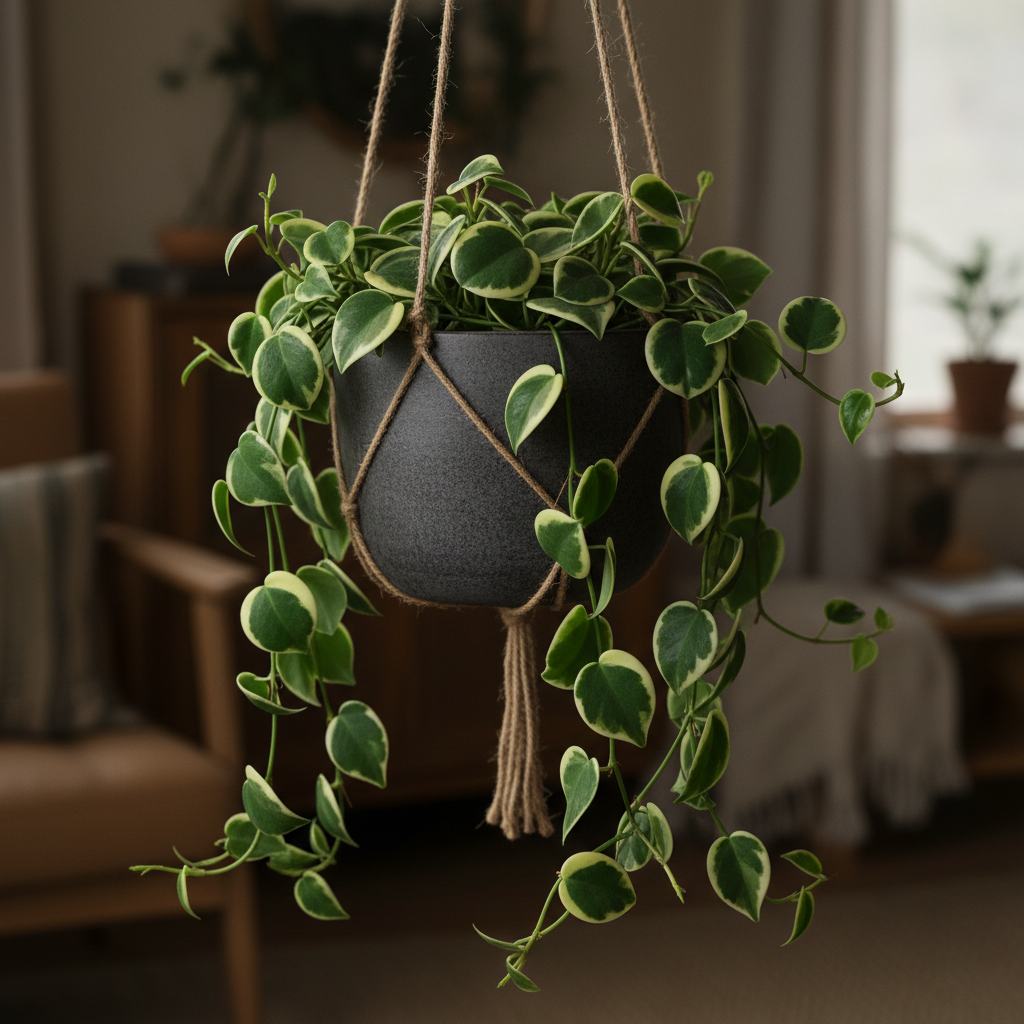 Peperomia Cupid trailing plant in a dark ceramic hanging pot