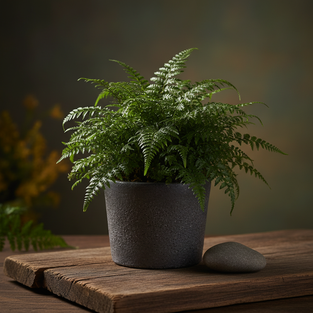 Korean Rock Fern in a dark ceramic pot on a wooden surface