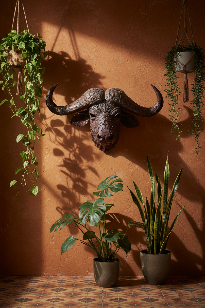 Cape Buffalo tin mask mounted on a terracotta ochre wall surrounded by hanging and floor plants on a tile floor