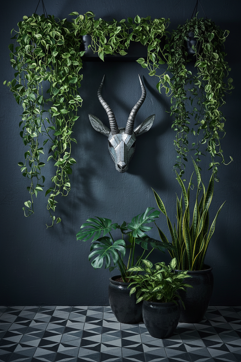 Springbok tin mask mounted on a charcoal grey wall surrounded by hanging and floor plants on a tile floor
