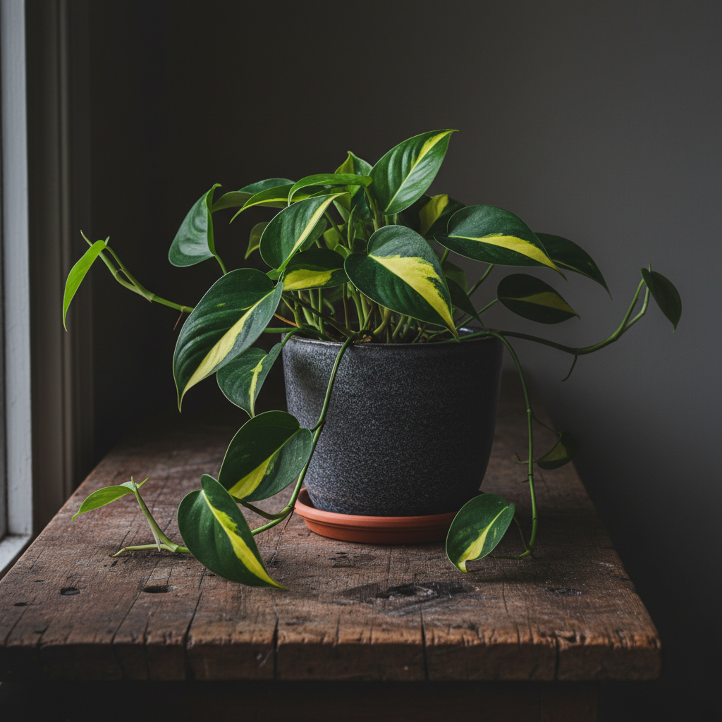 Philodendron Brasil trailing vine with green and yellow variegated leaves