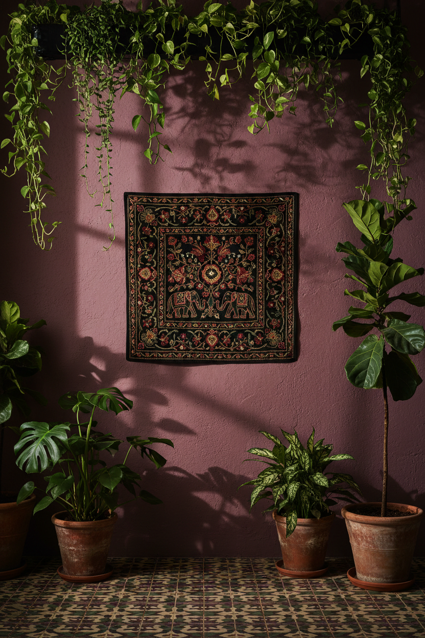 Square black cotton appliqué mandala wall hanging styled on a deep plum wall with hanging and floor plants on encaustic tile