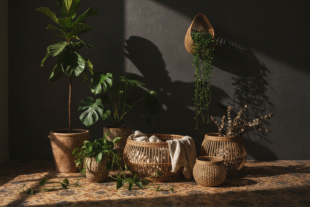 Buhera cane baskets styled on a tile floor with floor plants and hanging greenery