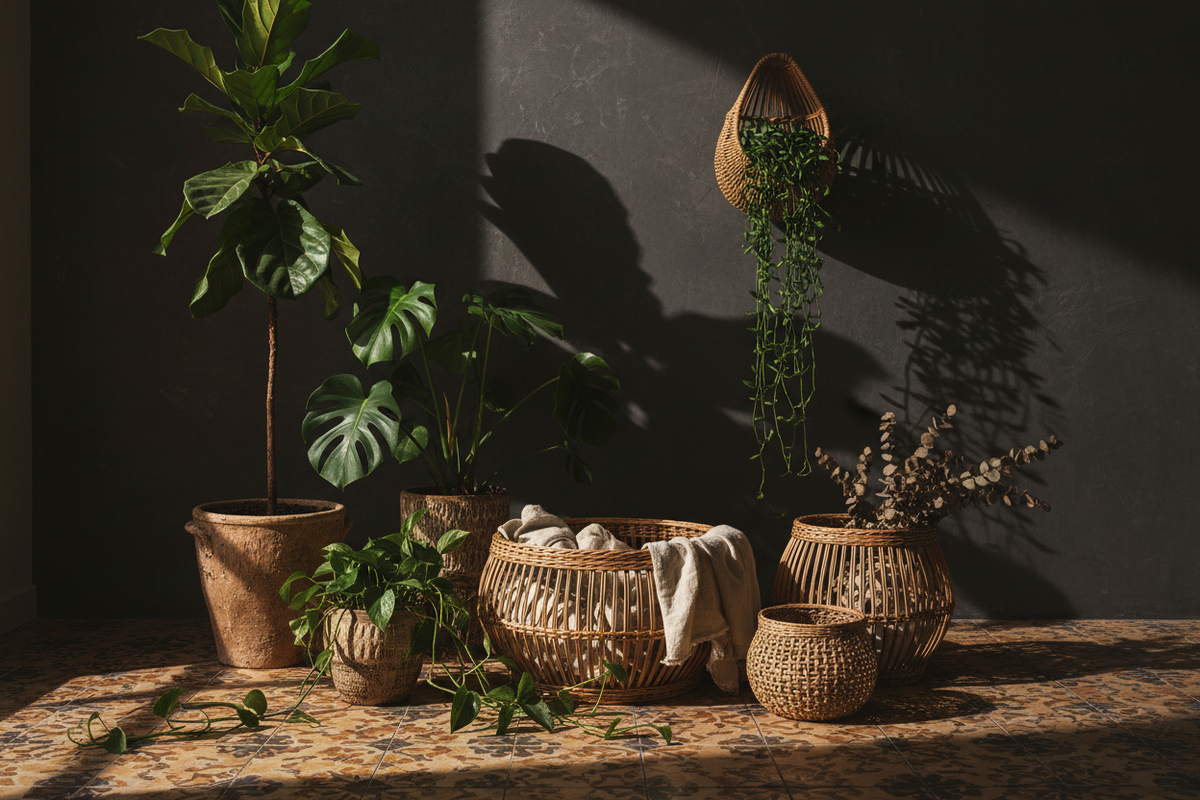 Buhera cane baskets styled on a tile floor with floor plants and hanging greenery