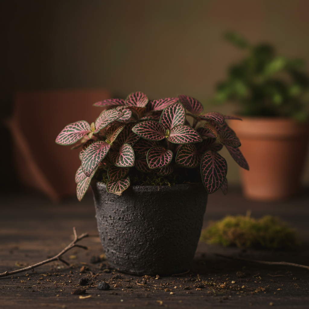 Fittonia Pink nerve plant in a dark ceramic pot