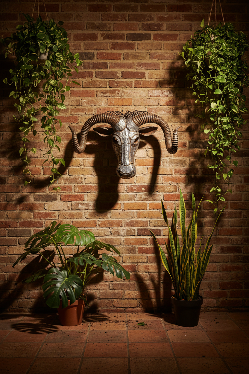Wildebeest tin mask mounted on a raw brick sienna wall surrounded by hanging and floor plants on a tile floor
