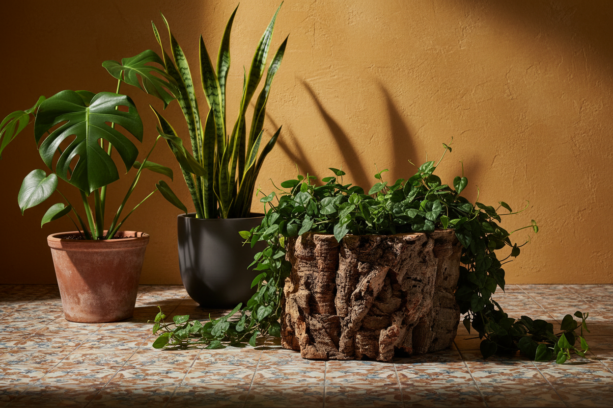 Cork bark planter overflowing with lush trailing plant on encaustic tile floor with floor plants and ochre wall